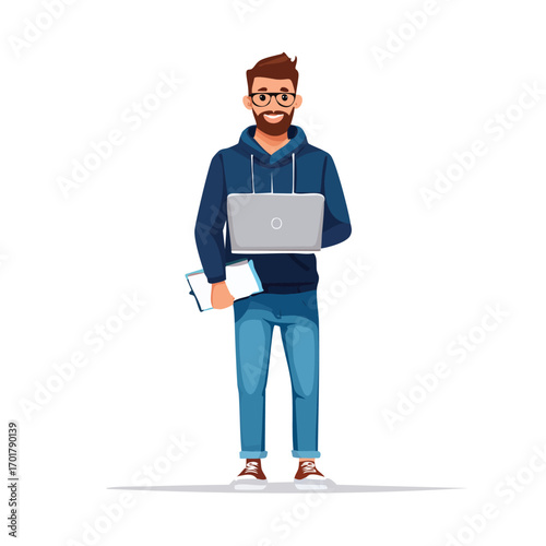 Bearded Male Software Engineer with Laptop - AI Generated