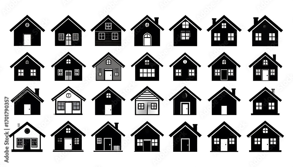 Fototapeta premium A collection of various residential house silhouettes, displayed in a grid format, showcasing diverse architectural styles.