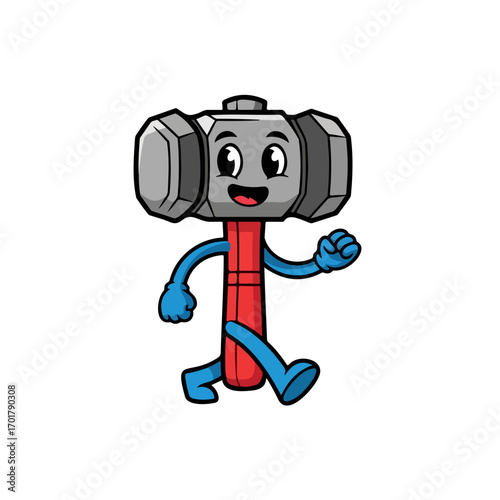 Cute smiling cartoon sledgehammer character running, a fun and energetic vector illustration for construction, DIY, and tool concepts.