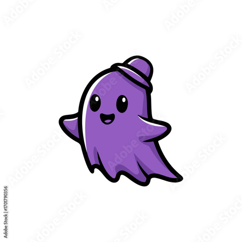Cute smiling purple ghost with a small hat, a happy and friendly vector illustration for Halloween, spooky, and fantasy themes.