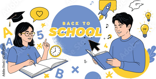 Vector banner of young students engaging in learning with educational icons for a new academic semester