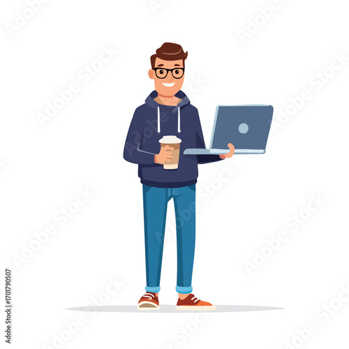 Male Software Developer Holding Laptop and Coffee Cup - AI Generated