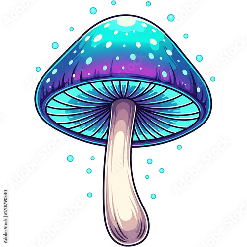 Enchanting luminous mushroom illustration, emanating a mystical glow with its vibrant blue and purple cap and ethereal aura, symbolizing wonder and fantasy within a magical forest