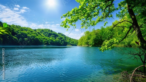 A serene landscape with a clear blue lake, surrounded by lush greenery and a variety of wildlife, emphasizing the beauty of untouched nature and the importance of environmental conservation --ar 16:9 