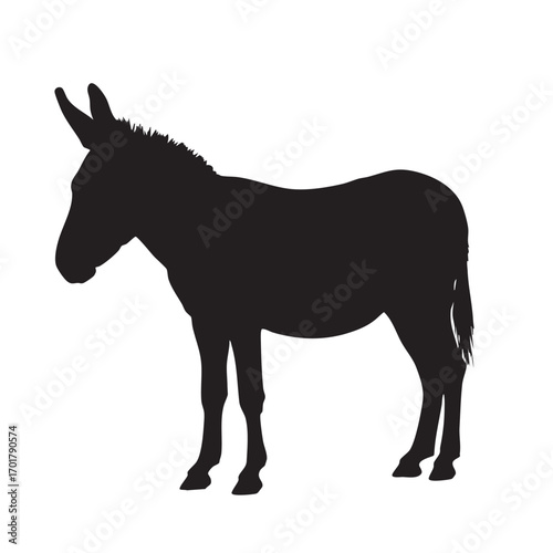 Silhouette of a donkey, depicting its characteristic long ears, sturdy build, and gentle demeanor, rendered in a simple yet elegant black design