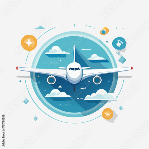 Illustrative depiction of an airplane in flight, surrounded by stylized design elements