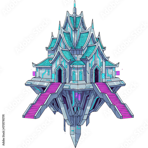 Futuristic sci-fi palace floating in the sky, a digital art illustration of a fantasy temple with glowing neon accents and advanced architecture