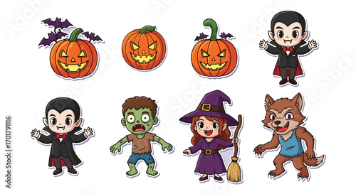 Cute Halloween Cartoon Characters – Vampire, Zombie, Witch, Werewolf and Pumpkin Illustration Set