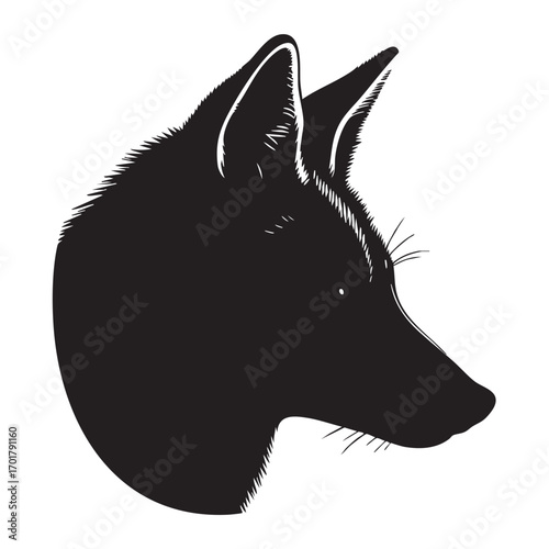 Silhouette of a fox head the fox is looking to the right and has a sharp, pointy nose and ears the fur is thick and fluffy, and the fox has a determined expression