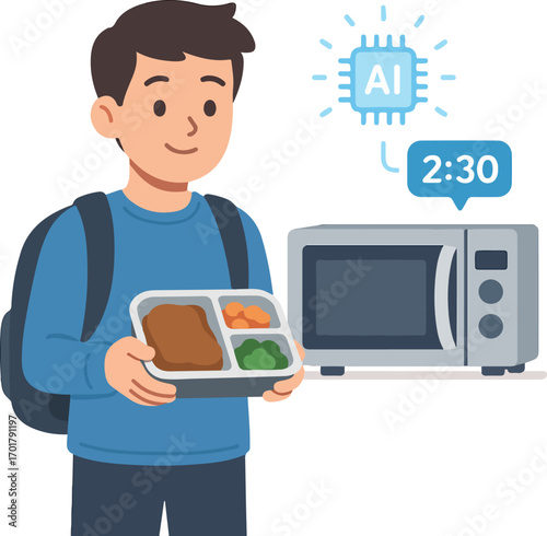 Student microwaving lunch AI suggests safe reheating time shown as chip Illustration