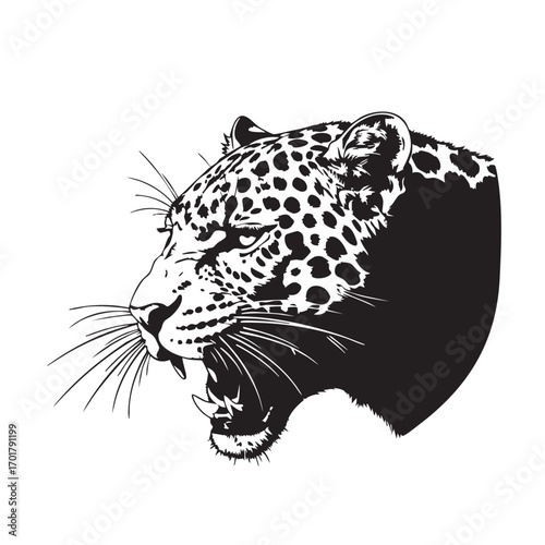 Silhouette of a leopard head the leopard is roaring and has sharp teeth and claws the fur is spotted and the leopard has a fierce, determined expression, a symbol of power