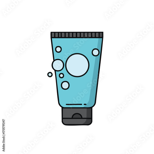 A clean cartoon illustration shows a light blue tube of liquid soap or cleansing gel, featuring playful bubbles, ideal for hygiene and beauty product concepts.