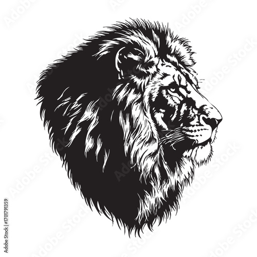 Majestic lion head silhouette the lion has a thick mane and a powerful jaw the lion is looking to the right and has a fierce, determined expression, a symbol of strength