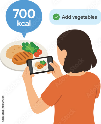 Person photographing a plate AI returns calorie estimate and one healthier tweak Illustration
