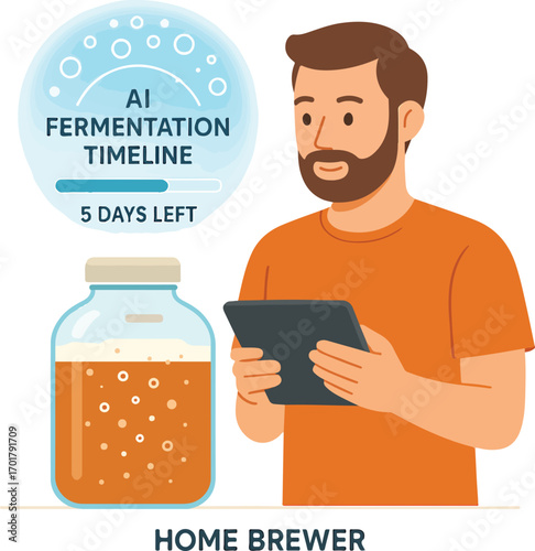 Home brewer checking AI fermentation timeline on tablet bubbles gauge Illustration