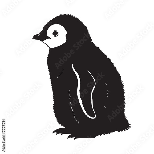 A charming silhouette of a baby penguin, showcasing its fluffy feathers and endearing waddle, capturing the essence of antarctic wildlife