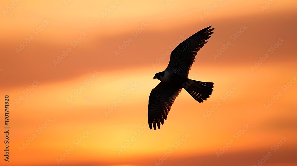 Obraz premium Silhouette of a peregrine falcon soaring against a vibrant orange sunset sky, capturing the essence of freedom and the beauty of nature at twilight