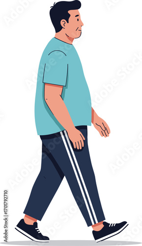 Walking, casual, male, character, side view, sporty outfit, fitness, pedestrian, motion, urban, lifestyle, digital illustration, vector, person, active, animation