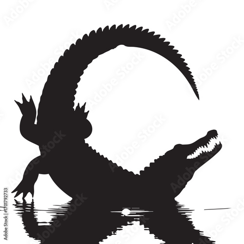 A striking black silhouette of an alligator in the water, , its powerful form reflected in the calm surface, creating a captivating contrast of light and shadow