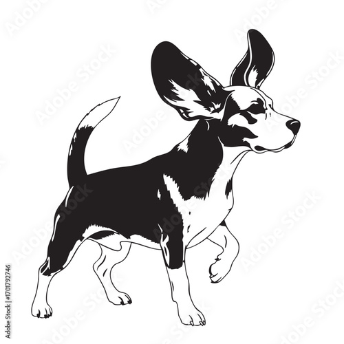 A charming black and white illustration of a beagle puppy, , with its ears perked up, capturing its playful and curious nature in a delightful way