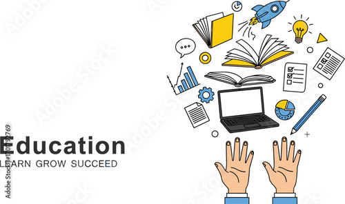 Unleashing Potential Hands reaching for knowledge with laptop, books, and educational icons in a vector graphic