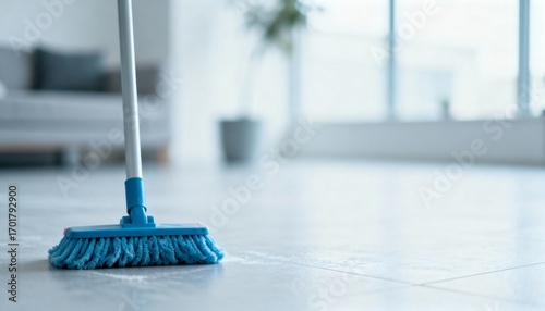 Wallpaper Mural Cleaning Tiled Floor with Blue Mop in Modern Living Room, Household Chores and Maintenance Torontodigital.ca