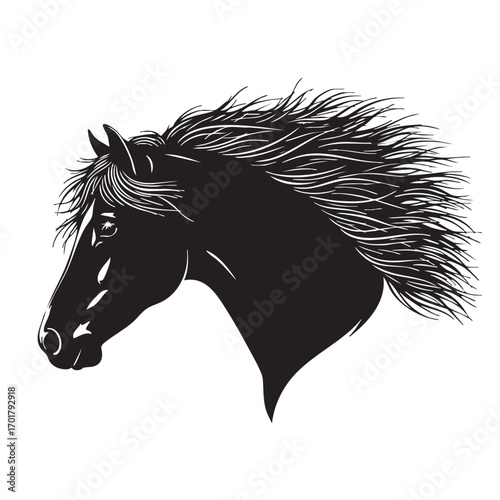 Majestic horse head, showcasing its strong features and flowing mane, a symbol of power and grace, perfect for equestrian themes and designs