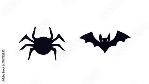 Halloween Spider and Bat Vector Icons Set, Spooky Silhouette Illustrations for Party Decorations and Design.