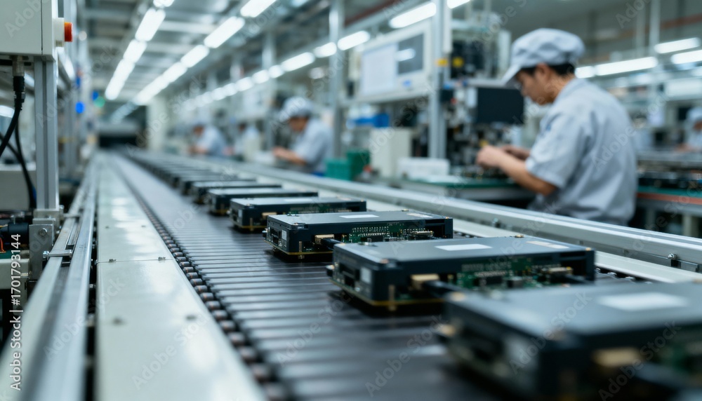 Obraz premium Electronics Assembly Line: Automated Production System with Workers Assembling Components in a Modern Factory