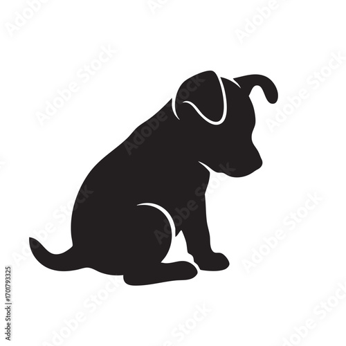 A charming black silhouette of a puppy sitting patiently, , its head slightly bowed in a contemplative pose, perfect for logos and designs