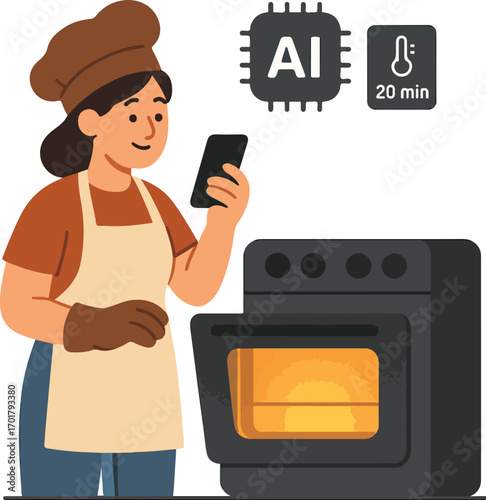 Home baker scanning oven temperature AI shows ideal bake time chip beside them Illustration