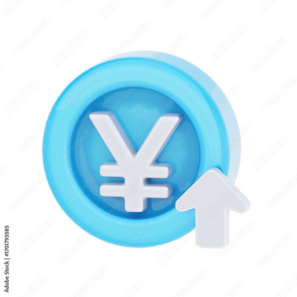 Obraz premium 3D render of a blue coin with a white Yen currency symbol and an upward arrow, indicating financial growth or currency appreciation.