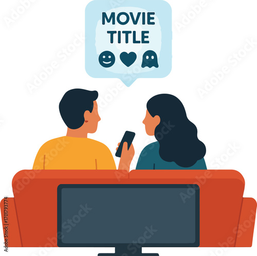 Couple using AI to pick a movie based on mood remote with AI pick glowing Illustration