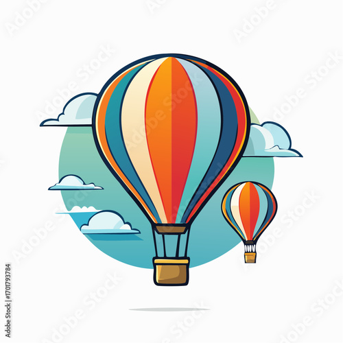 Vibrant cartoon-style illustration of hot air balloons soaring amidst fluffy clouds and sky