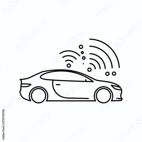 Line art icon of a modern car with wireless signal waves emanating from it automobile