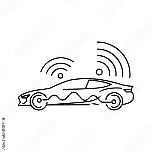 Line art icon of a car with dual wireless signals and internal data flow visualization 