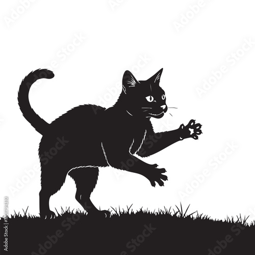 Silhouette of a playful black cat, batting at a flower, capturing a whimsical and charming scene of feline curiosity and agility in a minimalist design