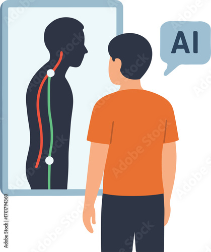 Person with smart mirror receiving posture correction suggestions mirror shows red and green lines Illustration