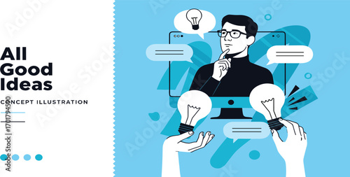 Conceptual illustration of a thoughtful businessman inside a computer, brainstorming and receiving creative ideas for business innovation and solutions
