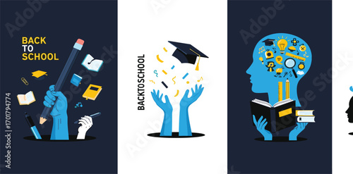 Creative collection of conceptual illustrations depicting the joy of learning, intellectual growth, and academic journey, ideal for back to school and educational themes