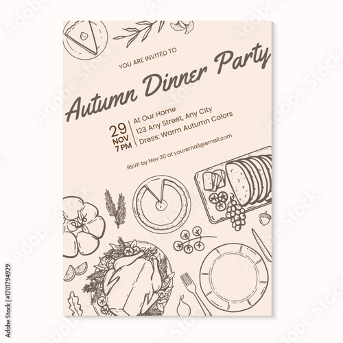 Thanksgiving dinner party invitation with hand-drawn foods seen from above. Vector illustration hand drawn thanksgiving dinner invitation template.