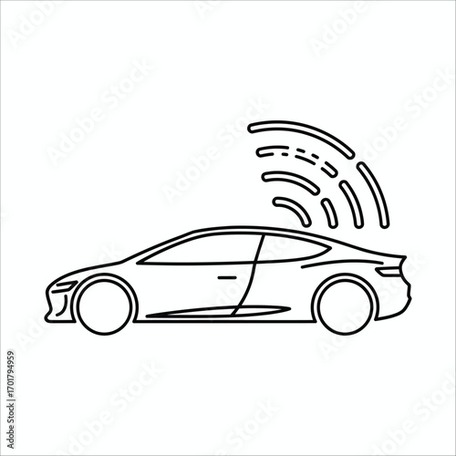 Outline drawing of a modern car with wireless signal waves emanating from the roof 