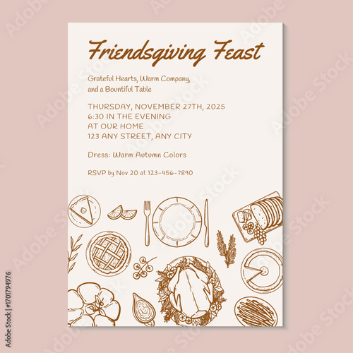 Friendsgiving feast with hand-drawn foods seen from above. Vector illustration hand drawn thanksgiving dinner invitation template.