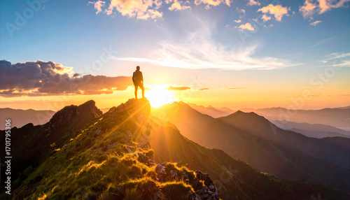 Ein Wanderer genießt vom höchsten Punkt den Blick bei Sonnenuntergang auf die Berge.