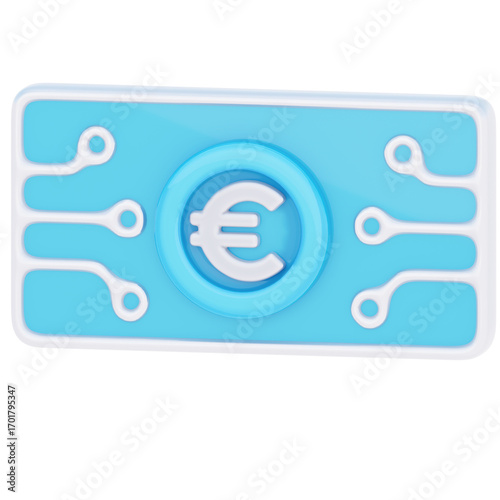 A stylized light blue digital currency card featuring a white Euro symbol and electronic circuit patterns.