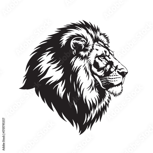 Majestic lion head in a striking monochrome vector illustration, showcasing its powerful mane and intense gaze, perfect for branding and design projects