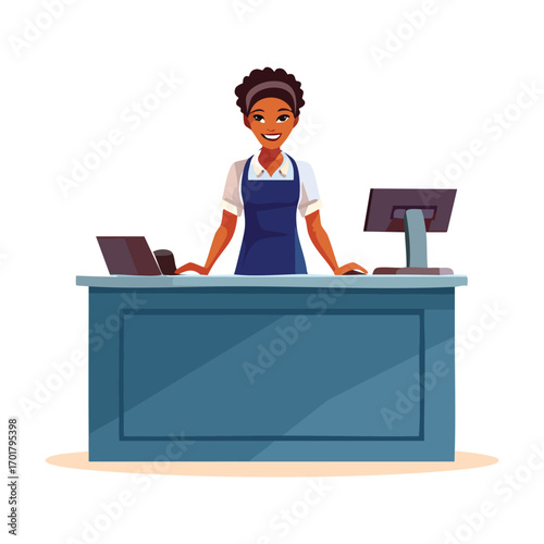 Female Retail Worker with Blue Apron at Checkout - AI Generated