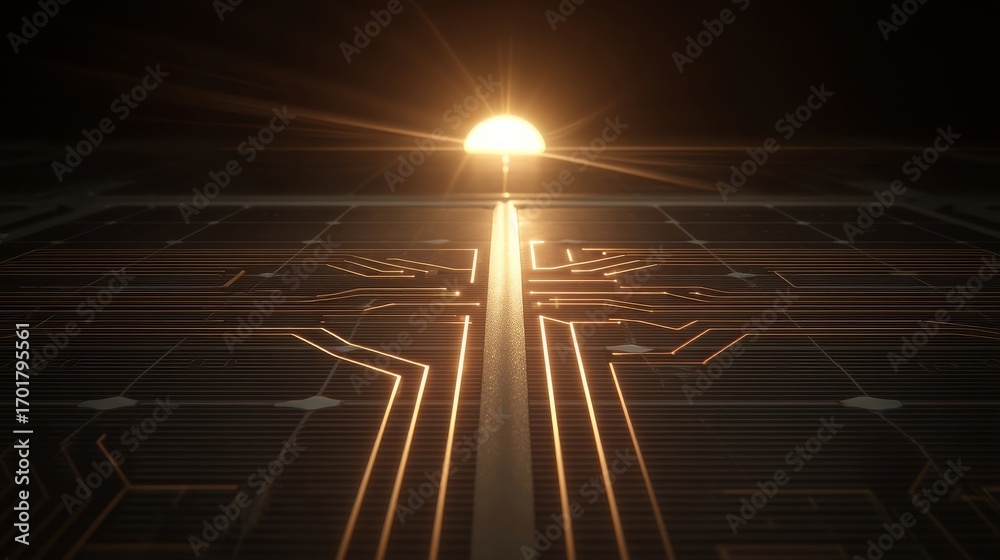 Fototapeta premium A futuristic solar panel array with intricate circuitry patterns illuminated by sunlight,