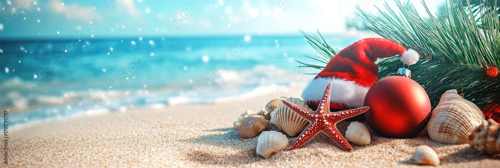 Naklejka premium Santa hat, red christmas baubles, seashells and starfishes lying on the beach sand, with turquoise sea in the background creating a festive holiday atmosphere. Copy space, banner