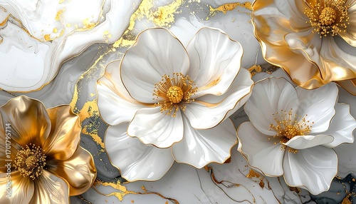 Luxurious, three-dimensional flowers in white and gold, set against a backdrop of marbled grey and white, exude elegance and sophistication.